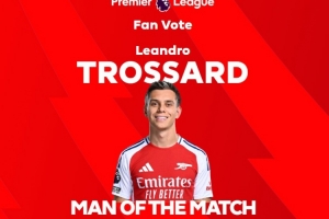 首开记录，英超官方：特罗萨德当选阿森纳1-1埃弗顿球迷票选最佳